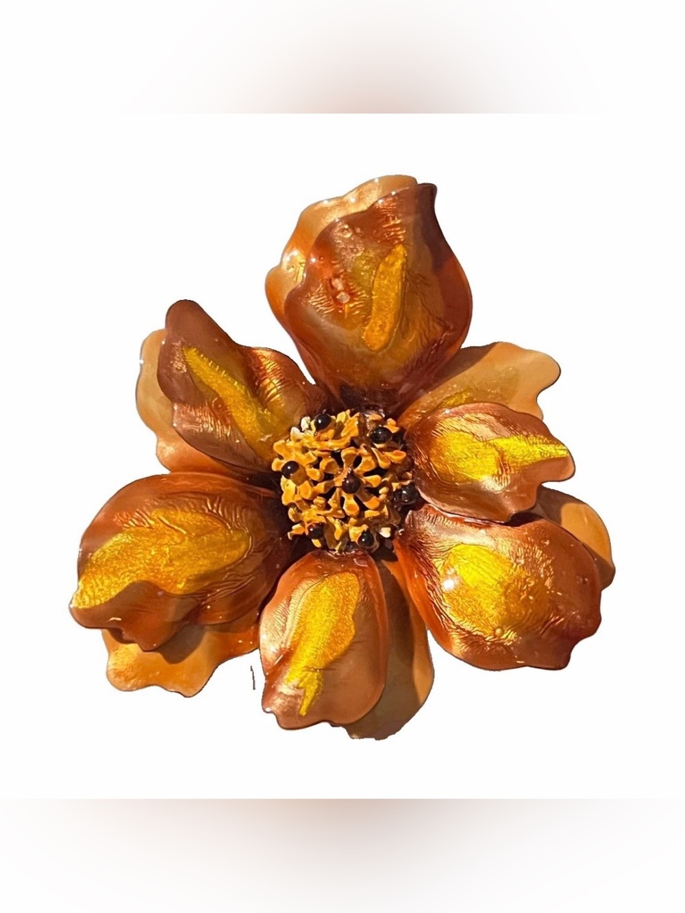 Vendome • Vintage Enamel Flower Brooch 3D Layered Amber Gold Tone Pin Brooch 🌼